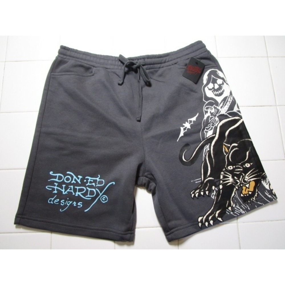 Ed Hardy Panther Grim Reaper Graphic Sweat Shorts Ash Gray Men's Large